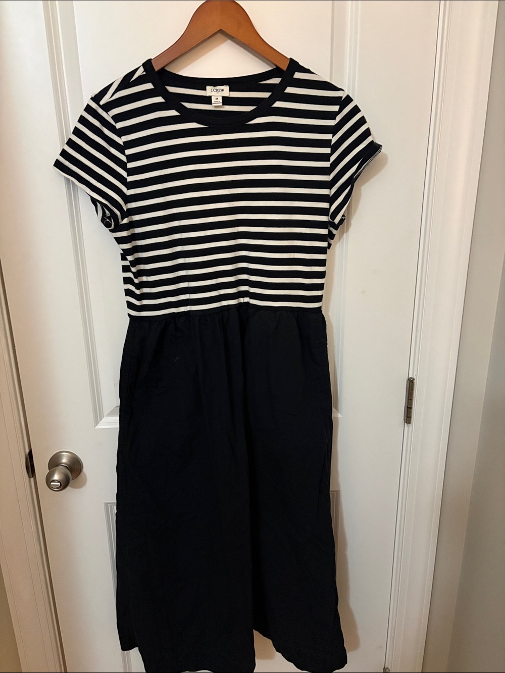 J. Crew Black and White Striped Bodice Midi Dress with Solid Skirt